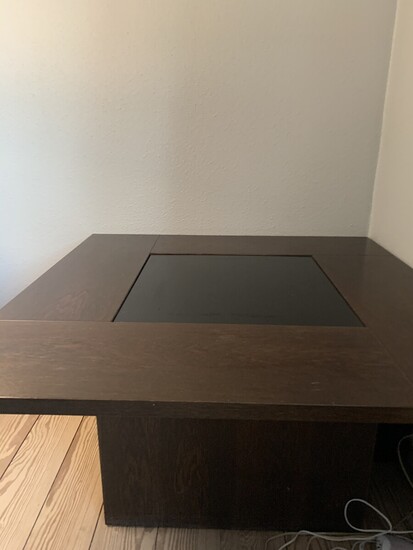 NOT SOLD. Danish furniture design: Square oak coffee table with built-in bar. Top of formica....