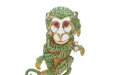 David Webb Enamel, ruby and diamond brooch, 'Gypsy Monkey'