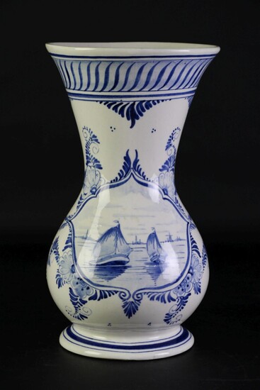 Delft Blue White Baluster form Lucia ware 2208 vase decorated with inset panel o sailing ships, star crack to base (H30cm)