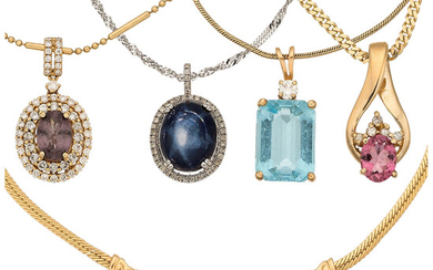 Diamond, Multi-Stone, Gold Necklaces The lot includes five necklaces:...