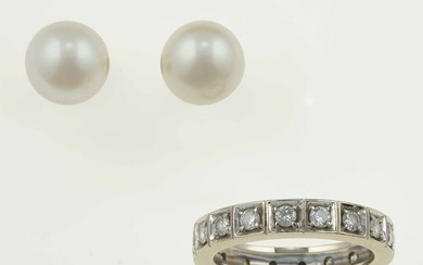Diamond ring and pair of cultured pearl earrings