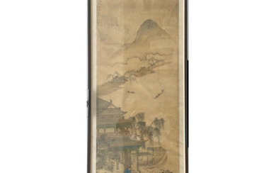 Dipinto su seta raffigurante figure in palazzo, in cornice. Cina, fine dinastia Qing (1644-1912) (difetti e restauri) (h. 178,5 cm.)