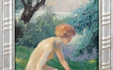 Dt. Peintre dans le style de Edward Cucuel, ,Kauernder weiblicher Akt an einem Ufer, huile...