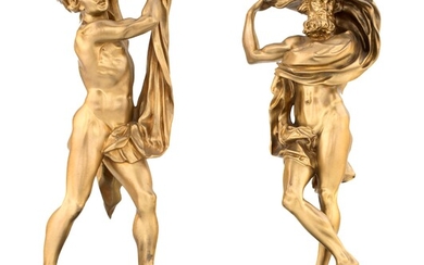Due sculture in bronzo dorato, XIX secolo raffiguranti nudi virili ritratti...