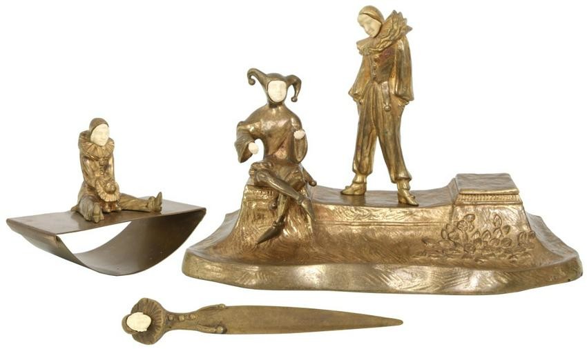 E. Pucher Gilt Bronze Desk Set with Jesters