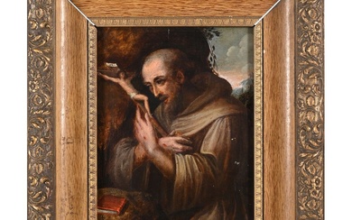 ÉCOLE FLAMANDE du XVIIè. «Saint-François d’Assise à la prière». Huile sur cuivre contrecollée sur panneau...