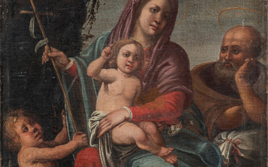 ECOLE ITALIENNE du XVIIIème siècle. Sainte Famille aux pinsons et saint Jean-Baptiste. Huile sur toile....