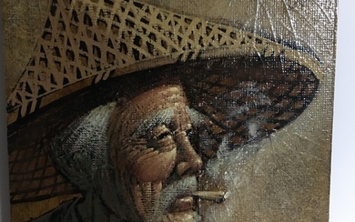 ECOLE VIETNAMIENNE "Homme fumant" Huile sur panneau. 20.5x25cm (Signature en bas à droite) Encadrée. 25x28.5cm...