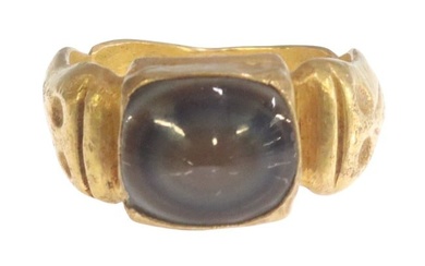 ESTATE ANTIQUE 18KT YELLOW GOLD BANDED AGATE RING