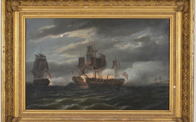 Early 19th century Revolutionary War battleships moonlight seascape depicting the USS Bonhomme