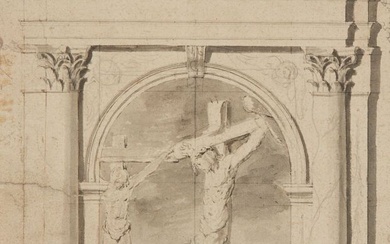 École flamande vers 1700 Projet de décor d'autel avec une crucifixion Plume et encre noire,...