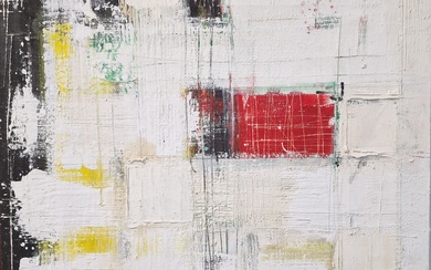 École moderne Composition abstraite blanche à carré rouge Technique mixte sur toile Porte des signatures...