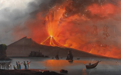 Ecole napolitaine du XIXe siècle. "Eruption du Vésuve en baie de Naples en 1822". Gouache...