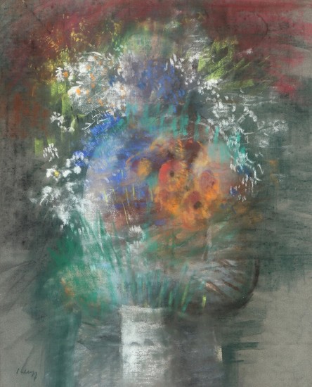 Edvard Saltoft: Still life with a bouquet of flowers. Signed. E. Salttoft. Crayon on paper. Visible size 102×82 cm.