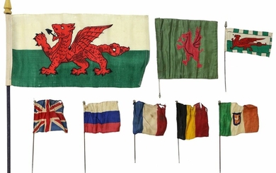 Eight small flags, c. 1914-40. Five flags of the Allied nations 1914-18, each 102 mm square, a...