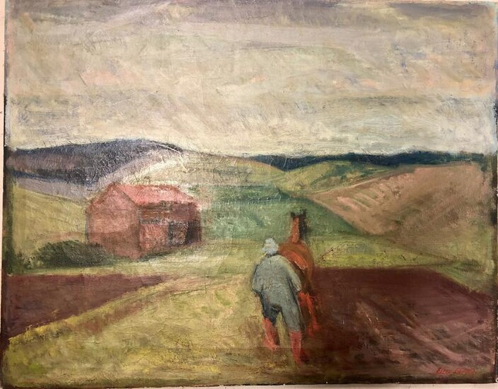 NOT SOLD. Eiler Løndal: Landsscape with farmer and horse. Signed Eiler Løndal. Oil on canvas. 79 x 100. Framed. – Bruun Rasmussen Auctioneers of Fine Art