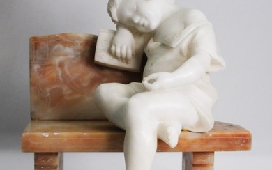 Emilio Fiaschi Reading Child Marble Sculpture