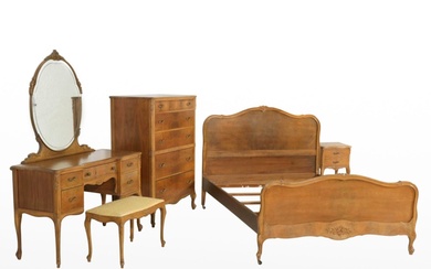 Empire Case Goods Louis XV Style Walnut Bedroom Suite, Early to Mid 20th Century