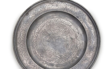 French 'Adam and Eve' Wiggle-Work Pewter Charger, Dated 1719