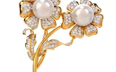 Estate Diamond Pearl 18K Gold Double Flower Pin Brooch