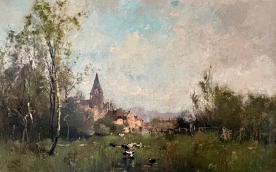 Eugène Galien-Laloue (1854-1941) - La mare aux canards devant le village