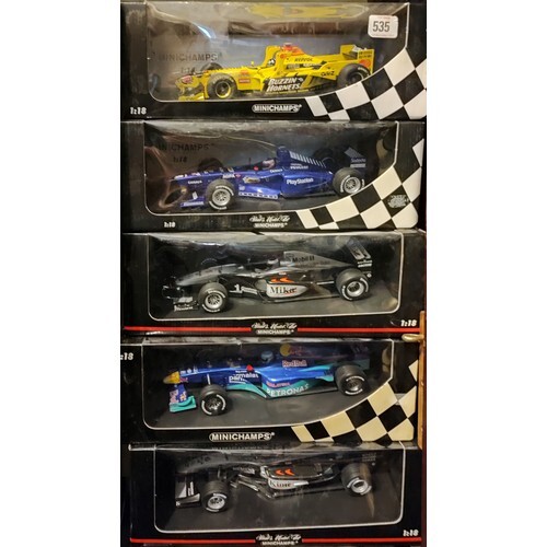 FIVE VARIOUS MINICHAMPS F1 MODEL CARS Condition as new box...