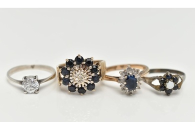 FOUR GEM SET RINGS, the first a 9ct gold sapphire and diamon...