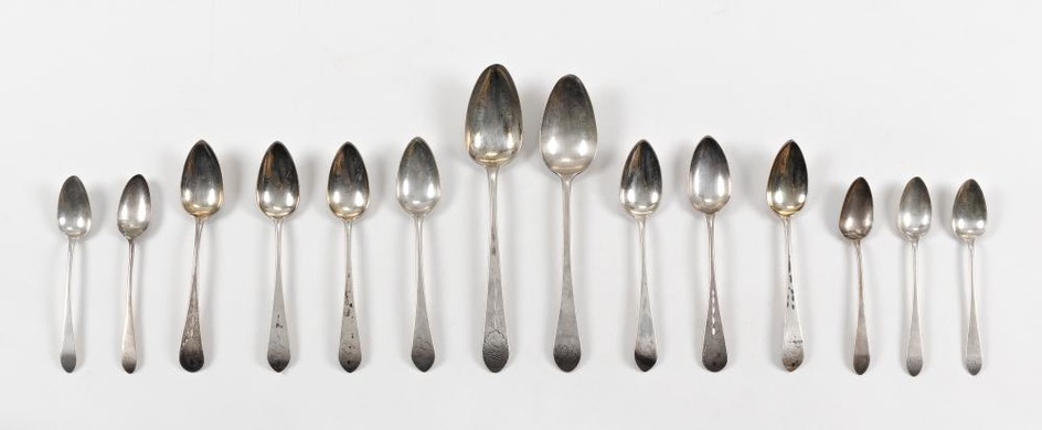 FOURTEEN AMERICAN COIN SILVER SPOONS FROM NEW YORK CITY 1-9) Nine John Vernon, c. 1786-1817: Five teaspoons and four oval soup spoon...