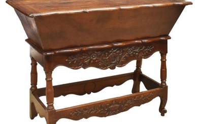 FRENCH PROVINCIAL CARVED WALNUT DOUGH BIN ON STAND