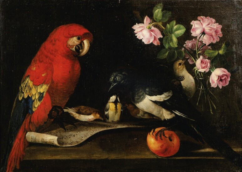 FRENCH SCHOOL, IN THE MANNER OF THE 18TH CENTURY | STILL-LIFE WITH A PARROT AND A VASE WITH ROSES