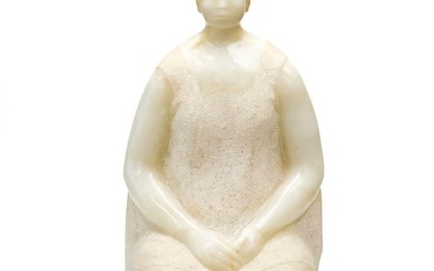 Felipe Castaneda Mexican Carved White Onyx Sculpture Woman on Wood Base, Signed
