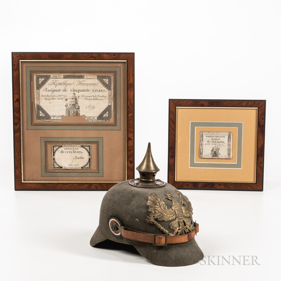 Felt Pickelhaube Helmet and Two Frames of French Assignats