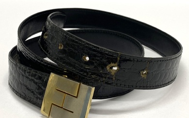 Fendi, Rome: Black Patent Embossed Crocodile & Leather Lined, Goldtone & Silvertone Logo Buckle