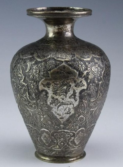 Fine Persian Silver Floral Repousse Cabinet Vase