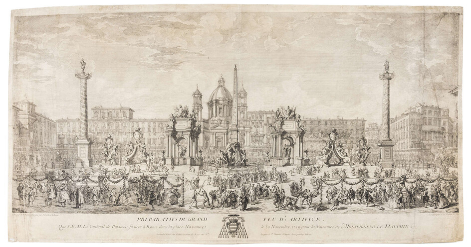 Fireworks.- Cochin (Charles Nicolas) Préparatifs du grand feu d'artifice..., etching, [c. 1735].