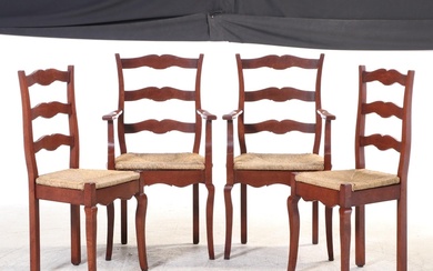 Four French Provincial Style Oak and Rush-Seat Dining Chairs, Late 20th Century