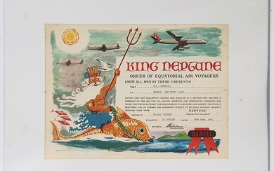 Framed King Neptune Order of Equatorial Air Voyagers Certificate for Qantas 1963 (frame size 40 x 46cm)