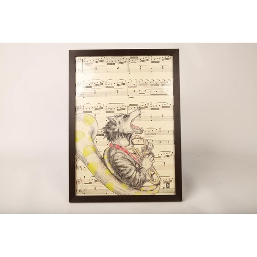 Framed music sheet with wolf playing sousaphone by Pohigs, D...