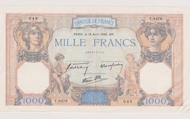 Francia - 1000 Franchi del 18/04/1940 serie 049 T.9476. Piega...