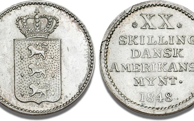 Frederik VII, Dansk-Amerikansk Mønt, 20 skilling 1848, rillet rand, H 16, S...