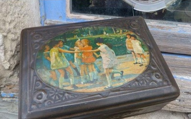 French Art Deco Children Playing Biscuit Tin