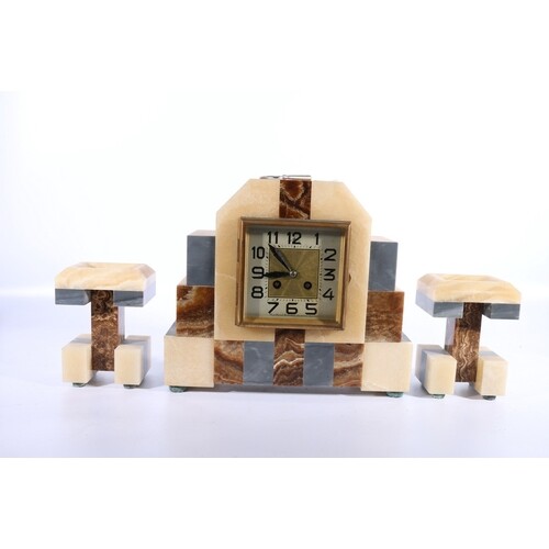 French Art Deco mantle clock garniture, "A La Reine Blanche ...