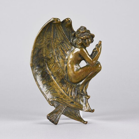 French Bronze 'Witch on a Broomstick' figure of a naked young witch with bat wings riding upon a broomstick, unsigned. Circa 1900. Height 17 cm, Width 12cm.