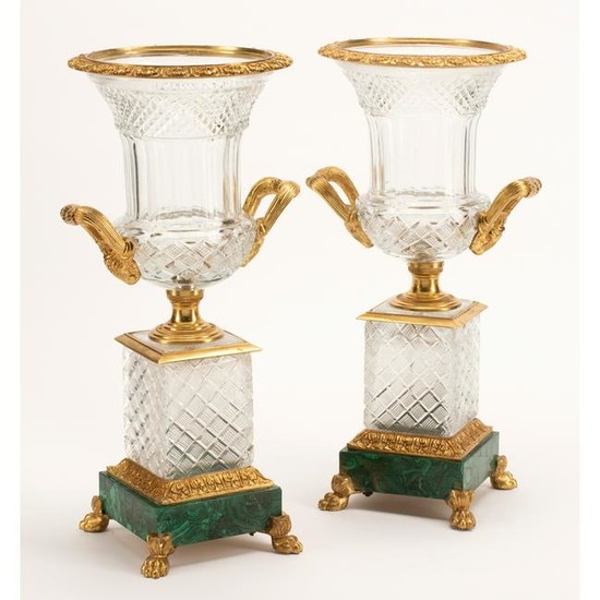 French Cut Crystal Urns with Bronze Mounts and
