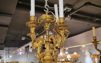 French Gilt Bronze 4 Light Chandelier With Dragons Antique 19C.