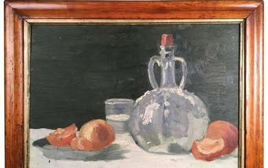 French Still Life Painting, Oranges And A Bottle, 19th