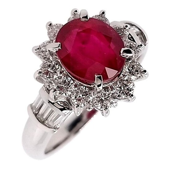 GIA - 2.39ct Natural Thai Ruby and 0.79ct Natural Diamonds - GIA Report - Platinum - Ring Ruby