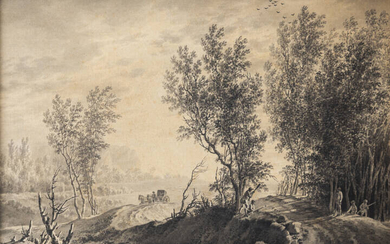 GIUSEPPE PIETRO BAGETTI<BR>Torino 1764 - 1831<BR>"Paesaggio in grisaille con cacciatori " 1795