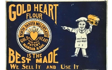 GOLD HEART FLOUR EMBOSSED TIN SIGN W/ BAKER GRAPHIC.