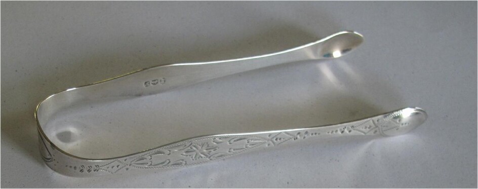 Georgian 1801 Bateman, London Sterling silver engraved sugar tongs GC3A